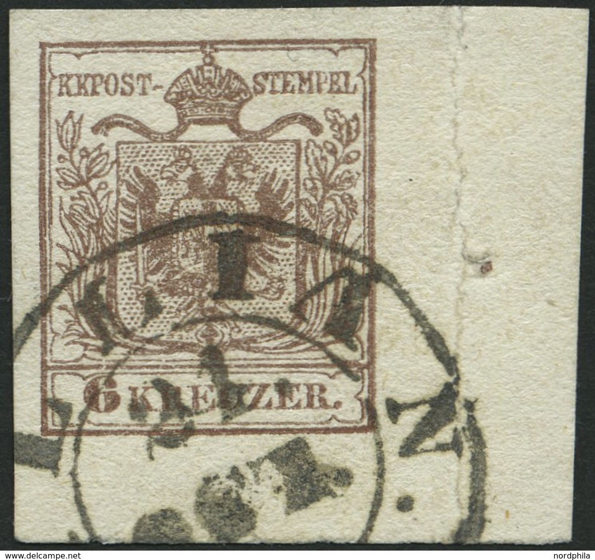 ÖSTERREICH 4Y O, 1854, 6 Kr. Braun, Maschinenpapier, Eckrandstück 11:6 Mm Und Nadelpunkt, K2 (SI)LLIAN, Oben Rechts Falz - Autres & Non Classés