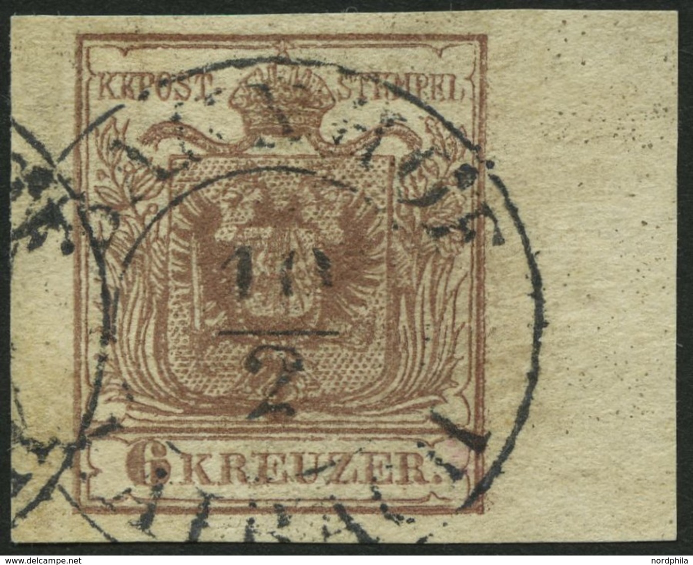 ÖSTERREICH 4Y O, 1854, 6 Kr. Braun, Maschinenpapier, Type III, Randstück Rechts 8 Mm, K2 BAHNHOF LAIBACH, Pracht - Otros & Sin Clasificación