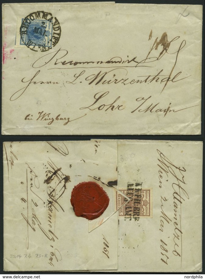 ÖSTERREICH 5X BRIEF, 1851, 9 Kr. Blau, Handpapier, Schwarzer K1 RECOMMANDIRT/WIEN Auf Siegelbrief Nach Lohe/Main, Rückse - Autres & Non Classés