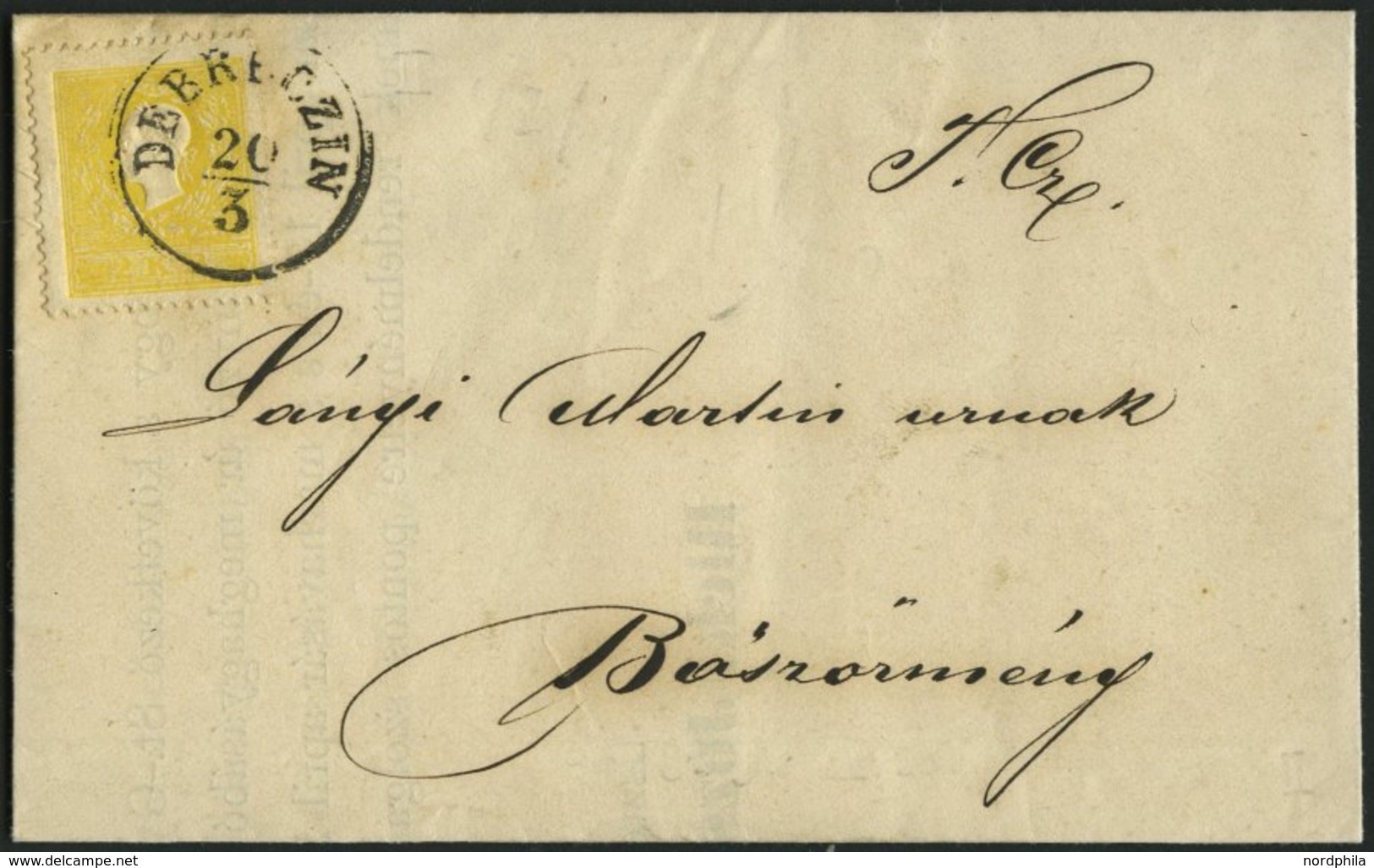 ÖSTERREICH 10Ib BRIEF, 1859, 2 Kr. Dunkelgelb, Type I, Auf Kleiner Drucksache Aus DEBRECZIN, Ankunftsstempel HAJDU-BÖSZÖ - Autres & Non Classés