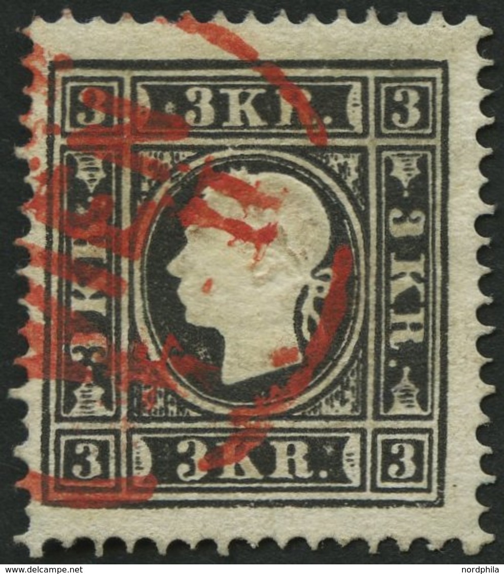 ÖSTERREICH 11II O, 1859, 3 Kr. Schwarz, Type II, Roter K1 WIEN, Pracht, Mi. 230.- - Autres & Non Classés