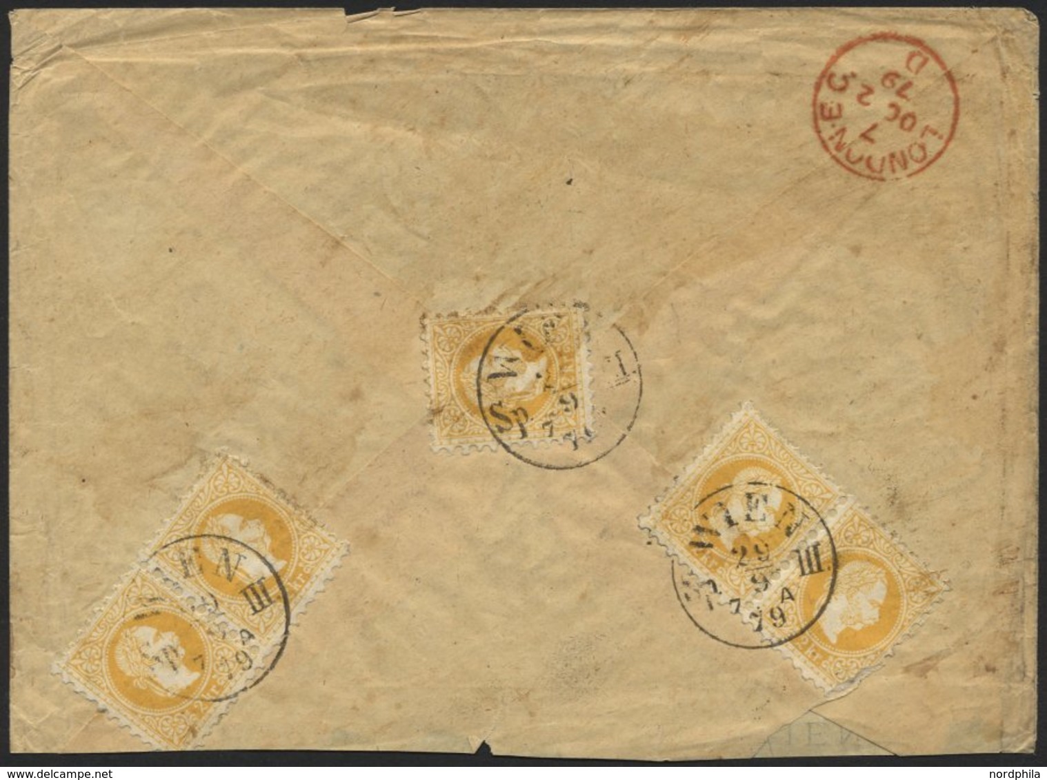 ÖSTERREICH 35II BRIEF, 1879, 2 Kr. Gelb, Feiner Druck, 5x Rückseitig Auf Brief Von WIEN Nach London, 2 Werte Fehlerhaft, - Oblitérés