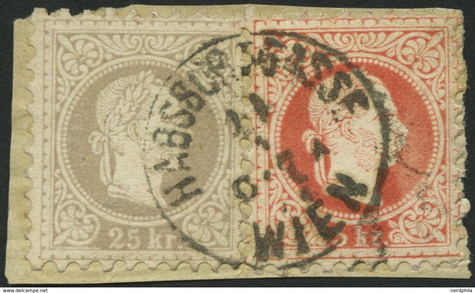ÖSTERREICH 37II,40IIa BrfStk, 1874, 25 Kr. Lila, Mit Wz. Und 5 Kr. Rot, Feiner Druck, Auf Briefstück Mit K1 HABSBURGGASS - Usados