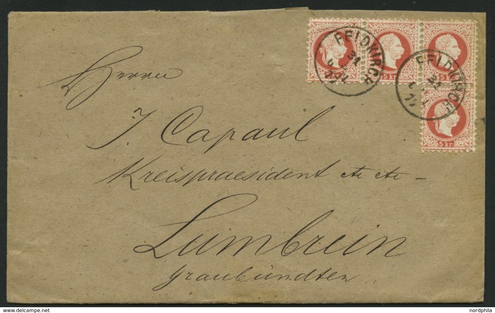 ÖSTERREICH 37II BRIEF, 1877, 5 Kr. Rot, Feiner Druck, Im Dreierstreifen Und Einzelmarke Auf Brief Von FELDKIRCH In Die S - Usados