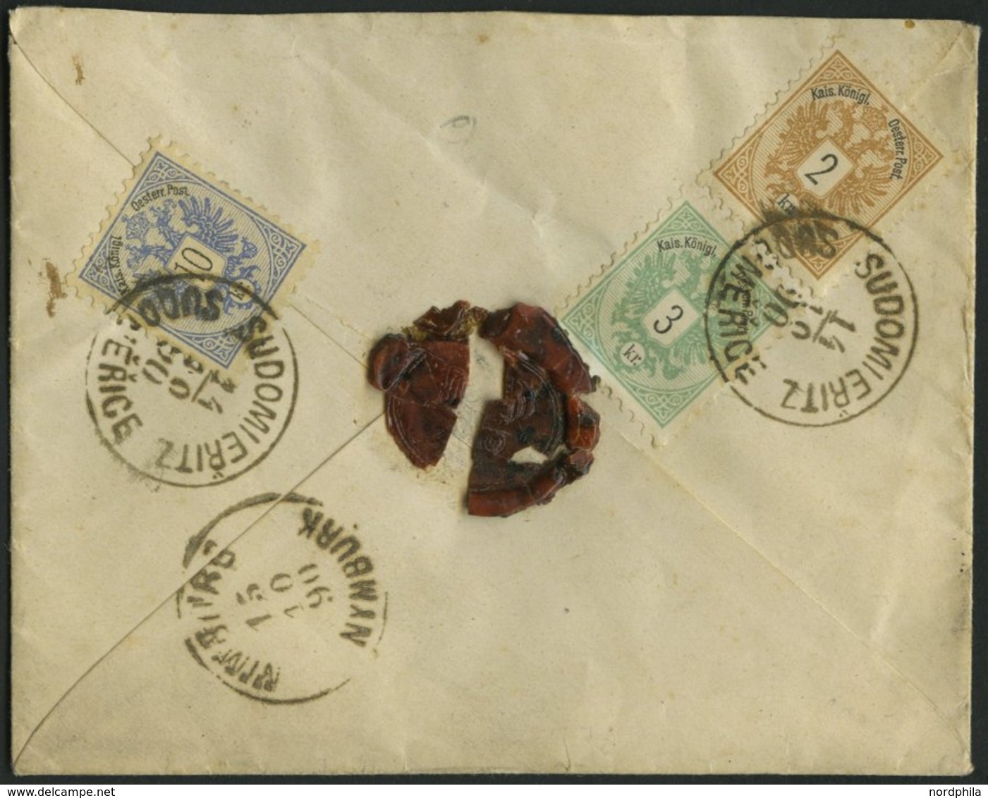 ÖSTERREICH 44/5,47 BRIEF, 1890, 2, 3 Und 10 Kr. Doppeladler, Rückseitig Mit K1 SUDOMERIEE Nach Komarne, Pracht - Usados