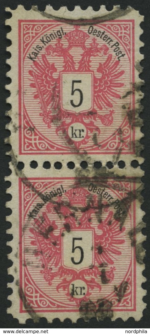 ÖSTERREICH 46C Paar O, 1883, 5 Kr. Doppeladler, Gezähnt L 9, Im Senkrechten Paar, Pracht, Fotobefund Dr. Ferchenbauer, M - Usados