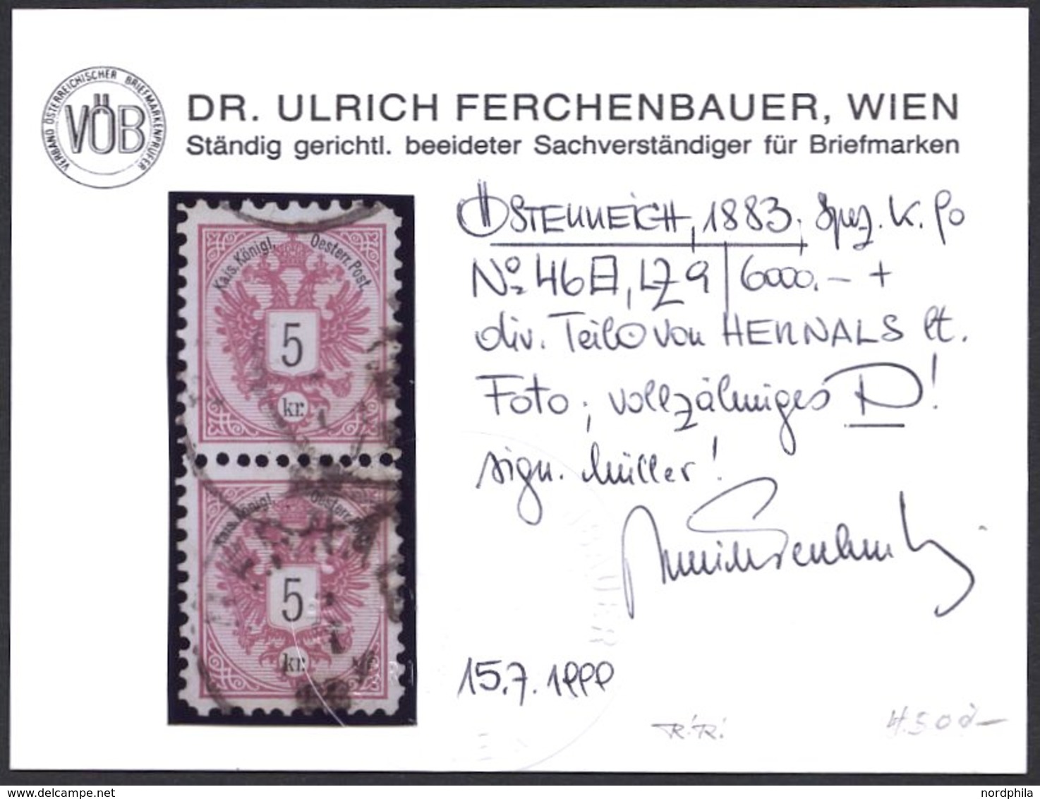 ÖSTERREICH 46C Paar O, 1883, 5 Kr. Doppeladler, Gezähnt L 9, Im Senkrechten Paar, Pracht, Fotobefund Dr. Ferchenbauer, M - Oblitérés