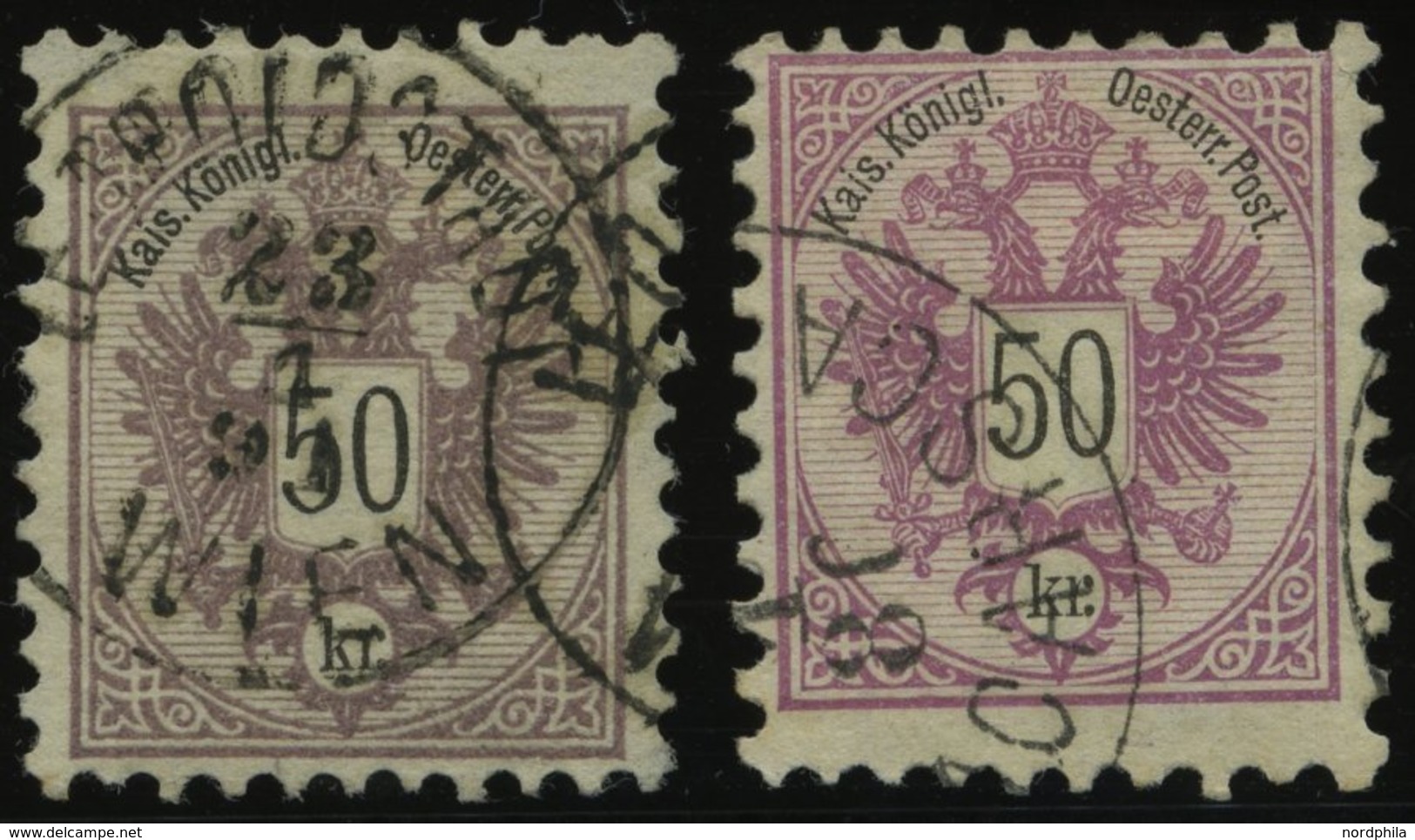 ÖSTERREICH 49a,b O, 1883, 50 Kr. Doppeladler, Beide Farben, 2 Prachtwerte, Mi. 200.- - Oblitérés