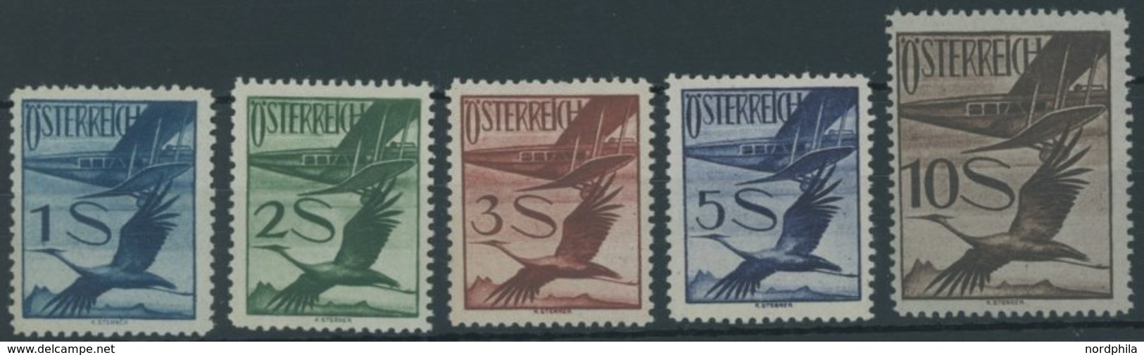 ÖSTERREICH 1918-1938 483-87 **, 1925/6, 1 - 10 S. Flugpost, Postfrisch, 5 Werte üblich Gezähnt Pracht, Mi. 283.- - Sonstige & Ohne Zuordnung