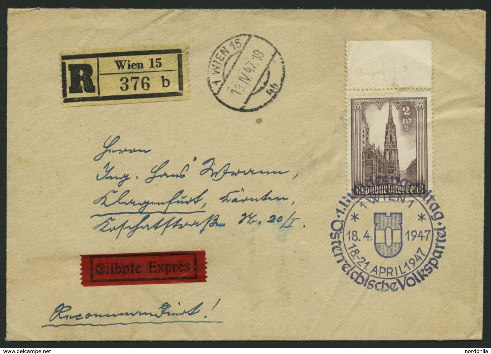 ÖSTERREICH 800 BRIEF, 1947, 2 S. Südturm, Einzelfrankatur Auf Eil-Einschreibbrief Mit Sonderstempel 1. Bundesparteitag Ö - Autres & Non Classés