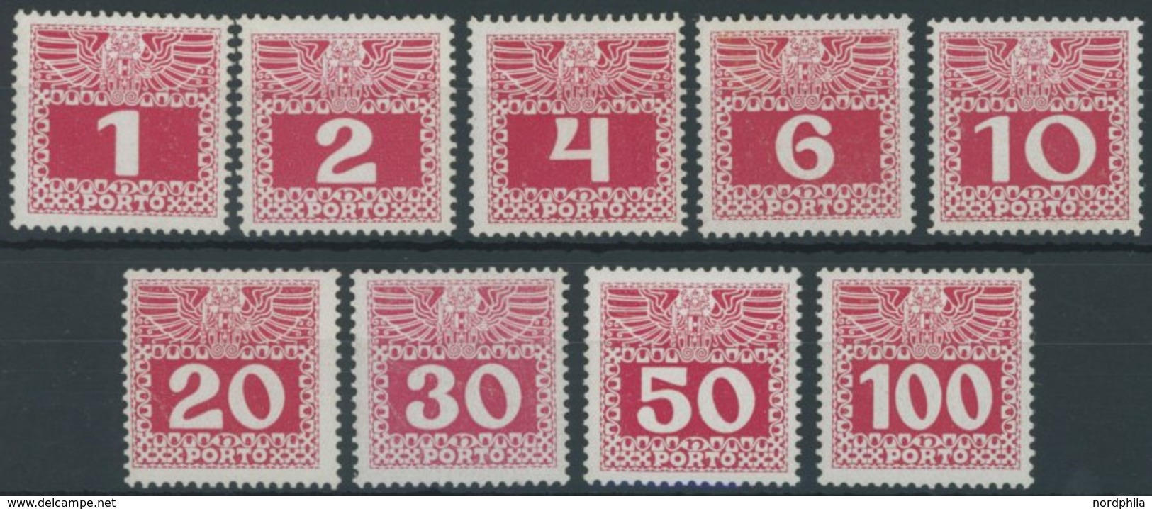 PORTOMARKEN P 34-44x **, 1908, 1 - 100 H. Lebhaftlilarot, Kreidepapier, Postfrischer Prachtsatz (9 Werte), Mi. 380.- - Taxe