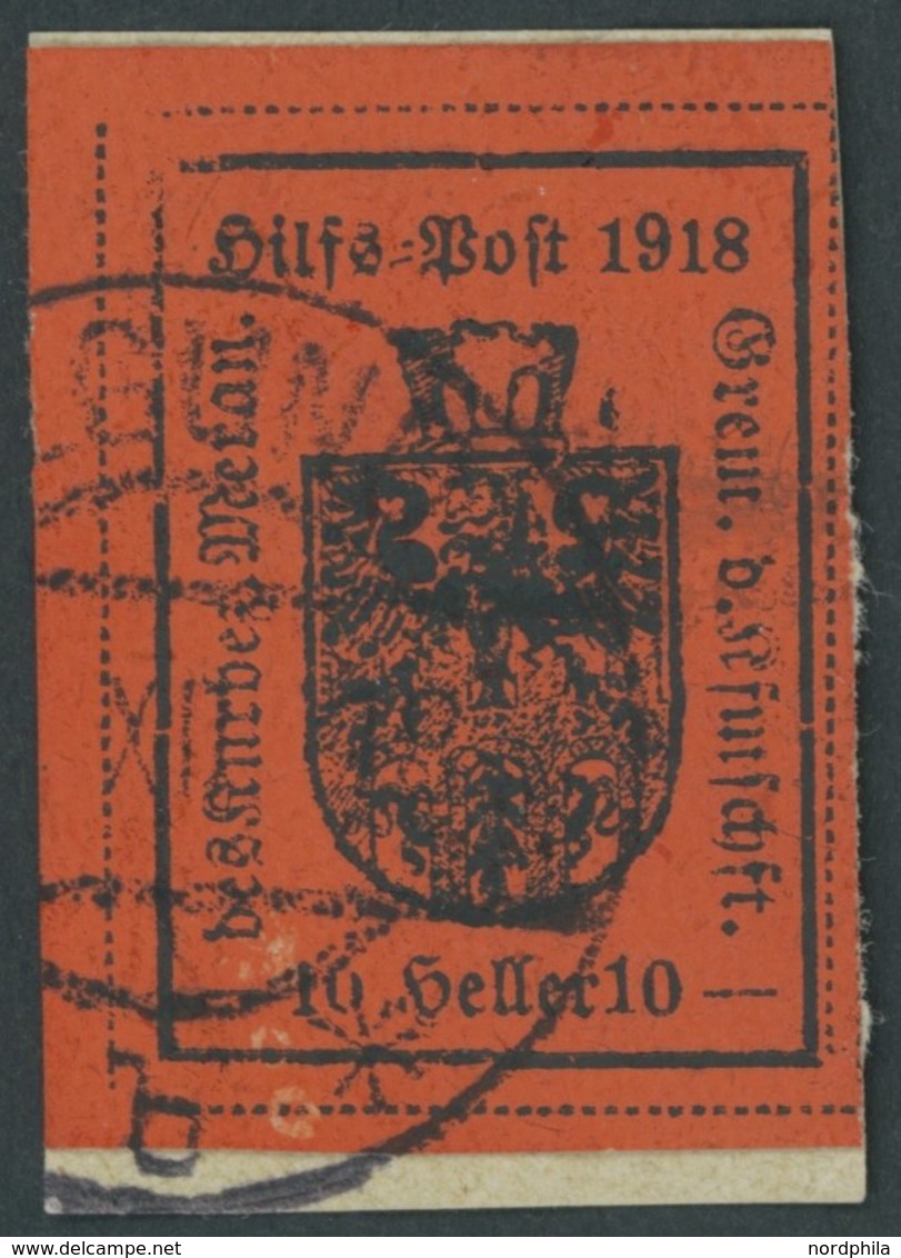 HILFSPOST MERAN 6IIa BrfStk, 1918, 10 H. Schwarz Auf Ziegelrot, 2. Auflage, Prachtbriefstück, Mi. 150.- - Merano