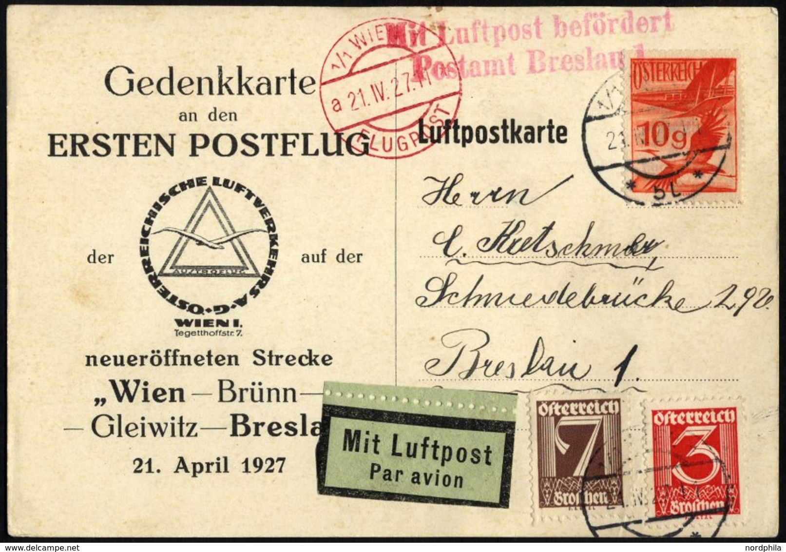 FLUGPOST BIS 1938 27.10c BRIEF, 21.4.1927, Erstflug WIEN-BRESLAU, Gedenkkarte (weißer Karton), Pracht - Other & Unclassified