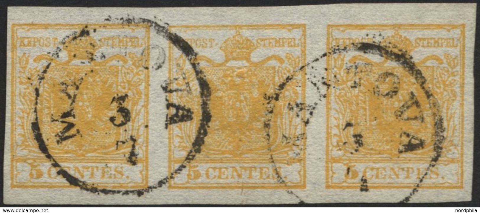 LOMBARDEI UND VENETIEN 1Xa O, 1850, 5 C. Ockergelb, Handpapier, Im Waagerechten Dreierstreifen, K1 MANTOVA, Pracht - Lombardo-Venetien