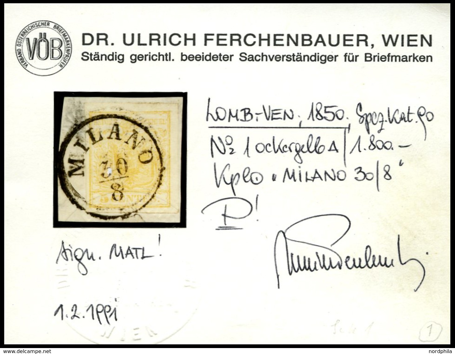 LOMBARDEI UND VENETIEN 1Xa BrfStk, 1850, 5 C. Ockergelb, Handpapier, K1 MILANO, Fotobefund Dr. Ferchenbauer - Lombardo-Vénétie