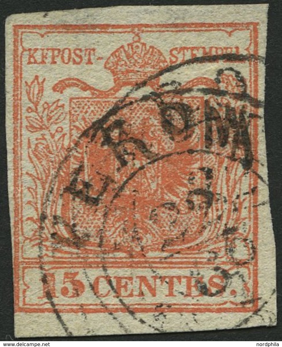 LOMBARDEI UND VENETIEN 3XaR O, 1850, 15 C. Zinnoberrot, Handpapier, Type I, Geripptes Papier, K2 VERON(A), Rechts Teils  - Lombardy-Venetia