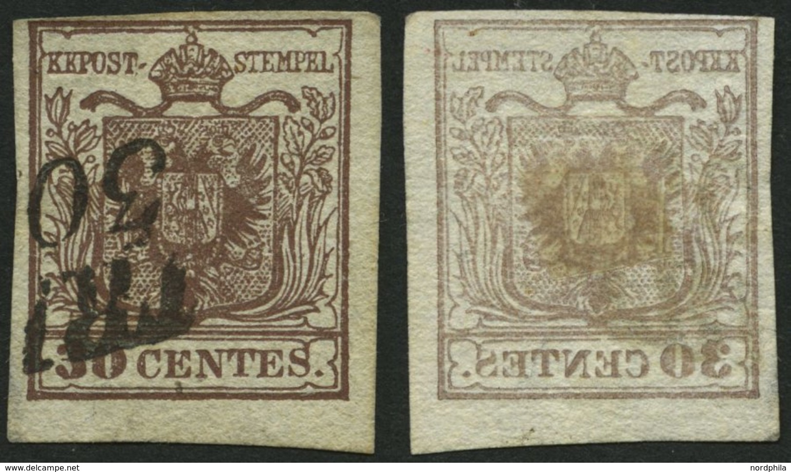 LOMBARDEI UND VENETIEN 4X O, 1850, 30 C. Braun, Type I, Deutlicher Abklatsch, Pracht - Lombardo-Venetien