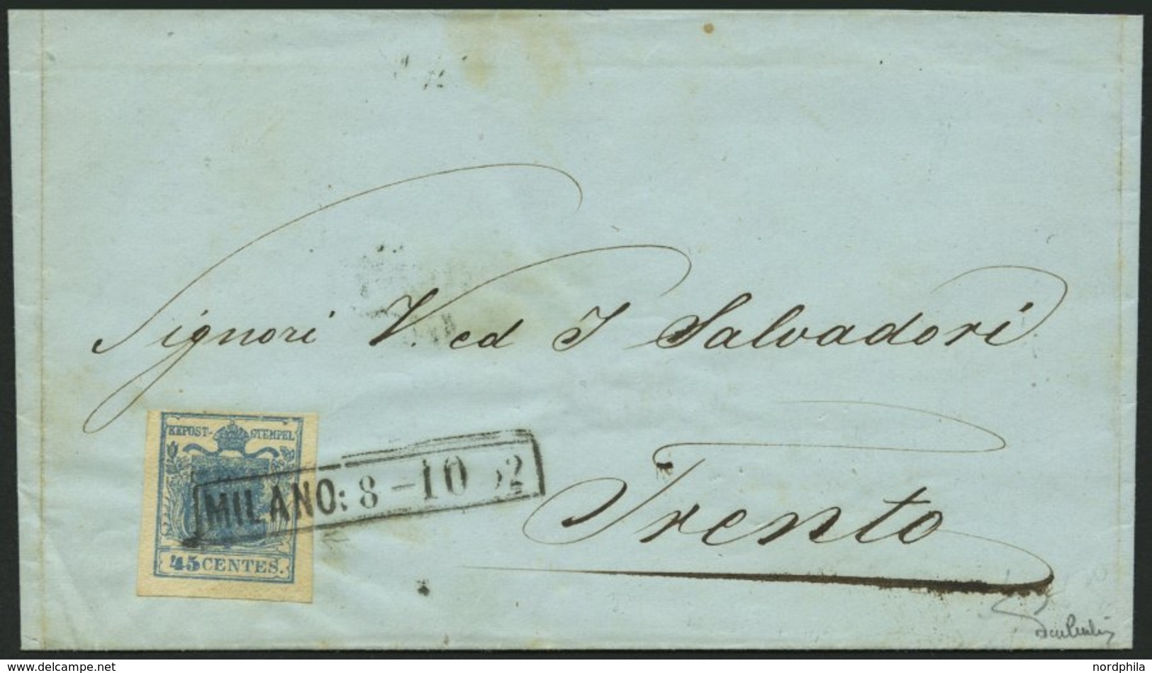 LOMBARDEI UND VENETIEN 5Xa BRIEF, 1850, 45 C. Dunkelblau, Handpapier, Type I, Deutlich Und Zentrisch Unterlegte Mitte, M - Lombardo-Vénétie