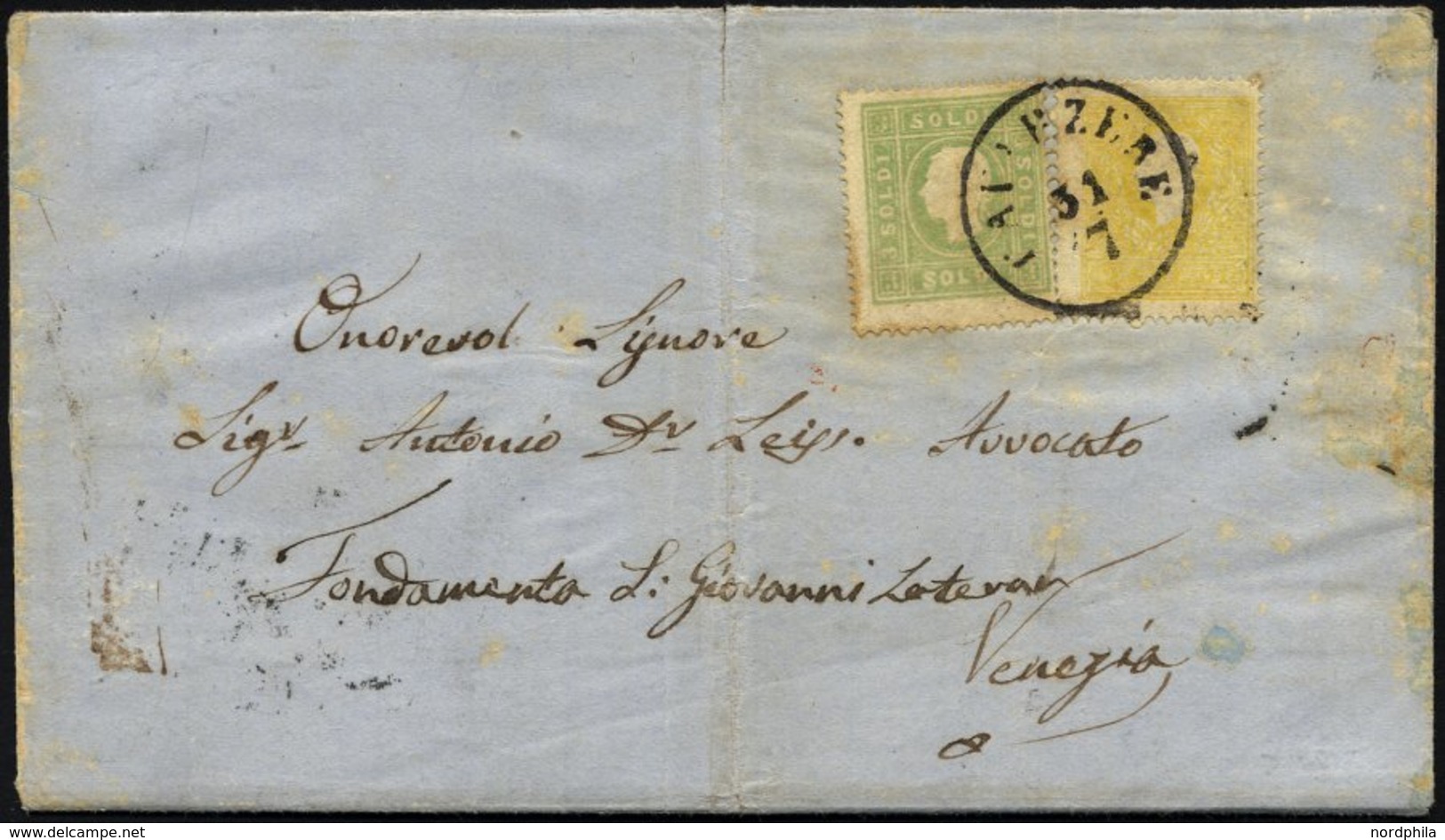 LOMBARDEI UND VENETIEN 6II,8 BRIEF, 1858, 2 So. Gelb Und 3 So. Grün, Type II, Auf Brief Von CAVARZERE (K1) Nach Venezia, - Lombardo-Venetien