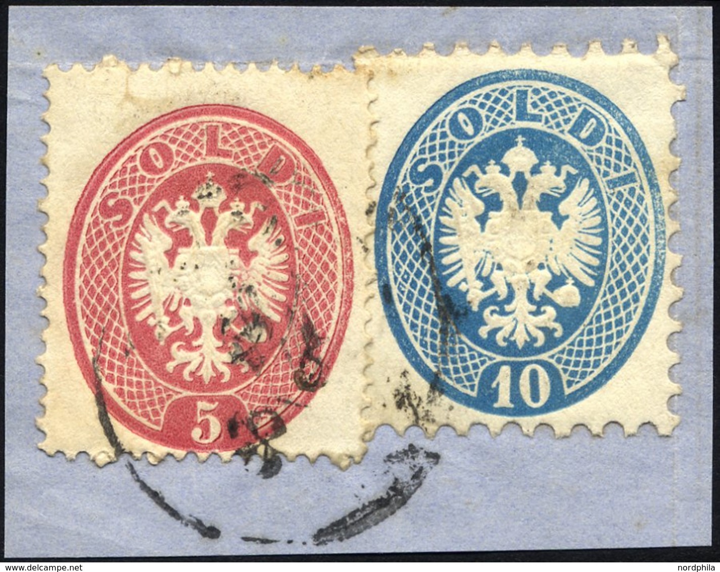 LOMBARDEI UND VENETIEN 16,22 BrfStk, Mischfrankatur: 1863, 5 So. Rosa Und 10 So. Blau Auf Briefstück, Pracht - Lombardo-Vénétie