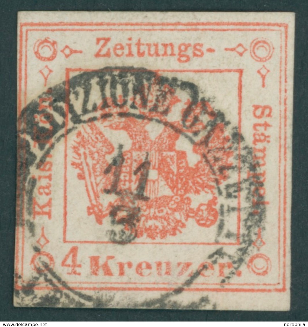 LOMBARDEI UND VENETIEN Z 3 O, Zeitungsstempelmarken: 1858, 4 Kr. Rot, Links Lupenrandig, Sonst Breitrandiges Farbfrische - Lombardo-Vénétie