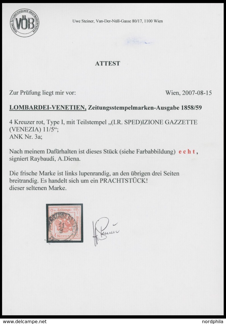 LOMBARDEI UND VENETIEN Z 3 O, Zeitungsstempelmarken: 1858, 4 Kr. Rot, Links Lupenrandig, Sonst Breitrandiges Farbfrische - Lombardo-Vénétie