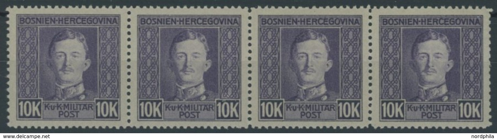 BOSNIEN UND HERZEGOWINA 141 **, 1917, 10 Kr. Violett Auf Grau Im Postfrischen Viererstreifen, Pracht - Bosnia And Herzegovina