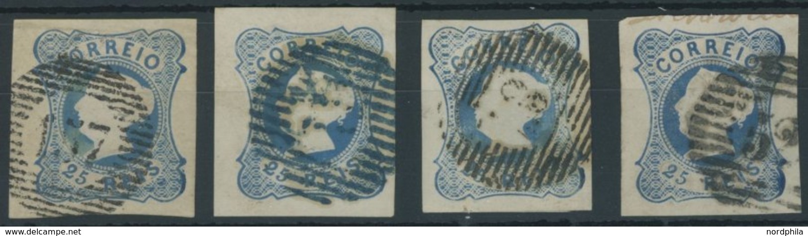 PORTUGAL 2 O, 1853, 25 R. Blau, 4 Werte Mit Verschiedenen Nummernstempeln, U.a. 157, Feinst/Pracht - Other & Unclassified