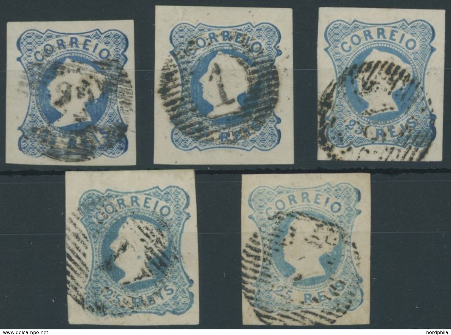 PORTUGAL 2a,b O, 1853, 25 R. Blau, 5 Pracht-Kabinettwerte In Verschiedenen Farbnuancen - Other & Unclassified