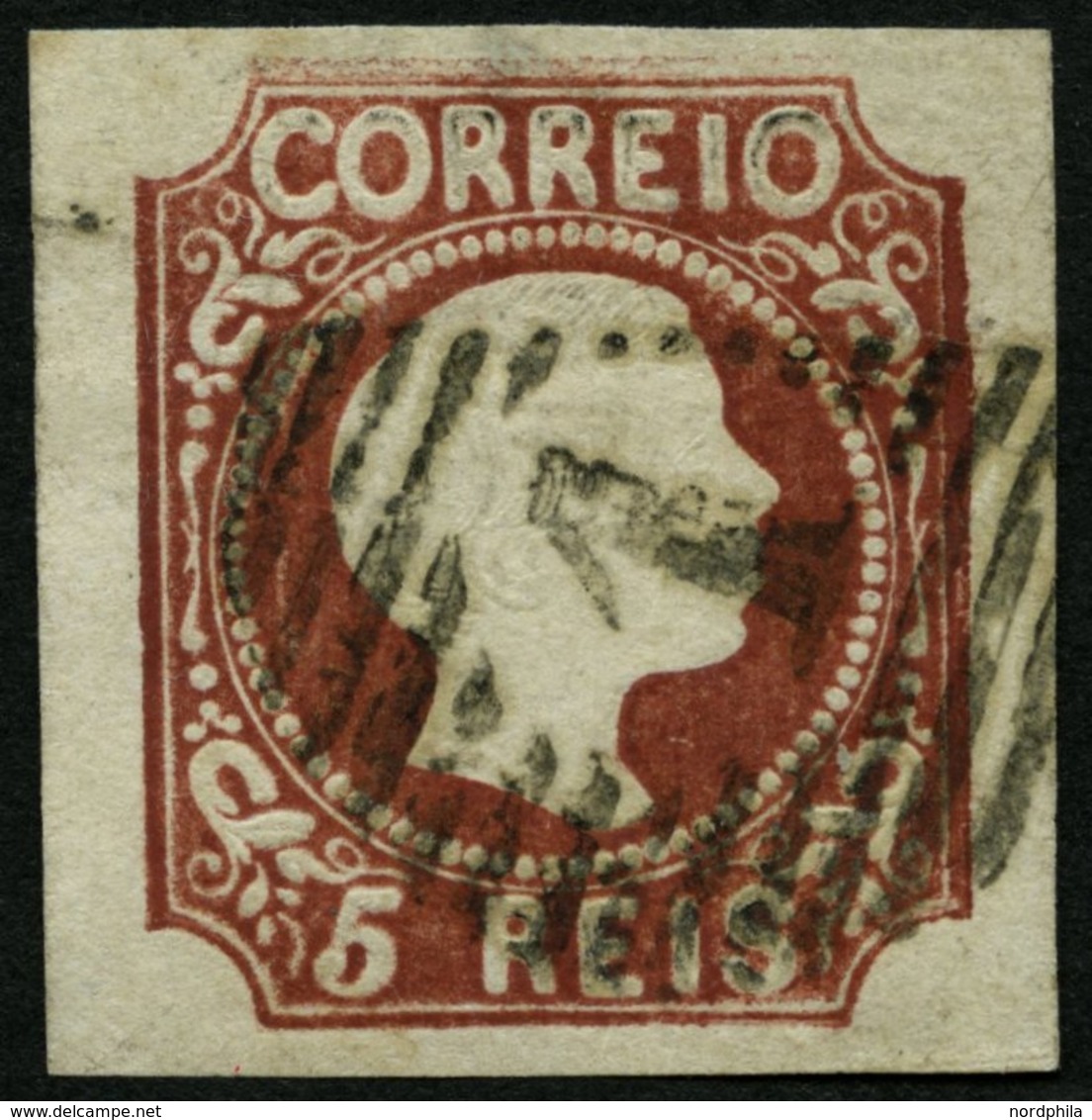 PORTUGAL 5 O, 1855, 5 R. Rotbraun, Glattes Haar, Nummernstempel 1, Falzhelle Punkte Im Oberrand Und Winzige Knitterspur, - Otros & Sin Clasificación