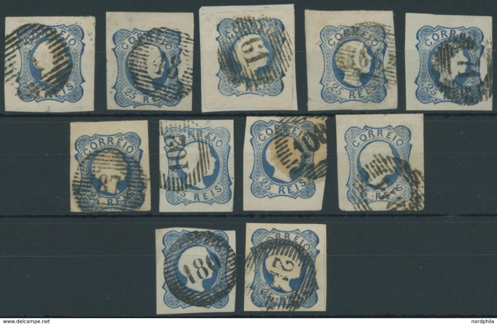 PORTUGAL 6 O, 1855, 25 R. Blau, Glattes Haar, 11 Werte Mit Verschiedenen Nummerstempeln, Pracht - Other & Unclassified