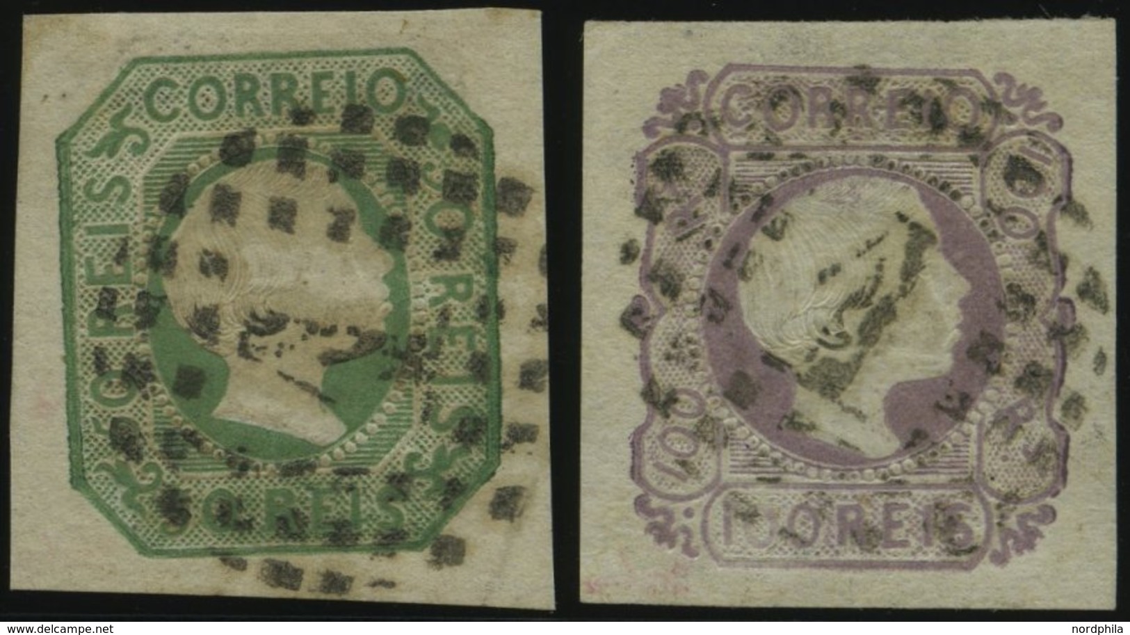 PORTUGAL 7a,8 O, 1855, 50 R. Gelbgrün Und 100 R. Lila, 2 Breitrandige Kabinettwerte, Gepr. Drahn, Mi. (230.-) - Autres & Non Classés