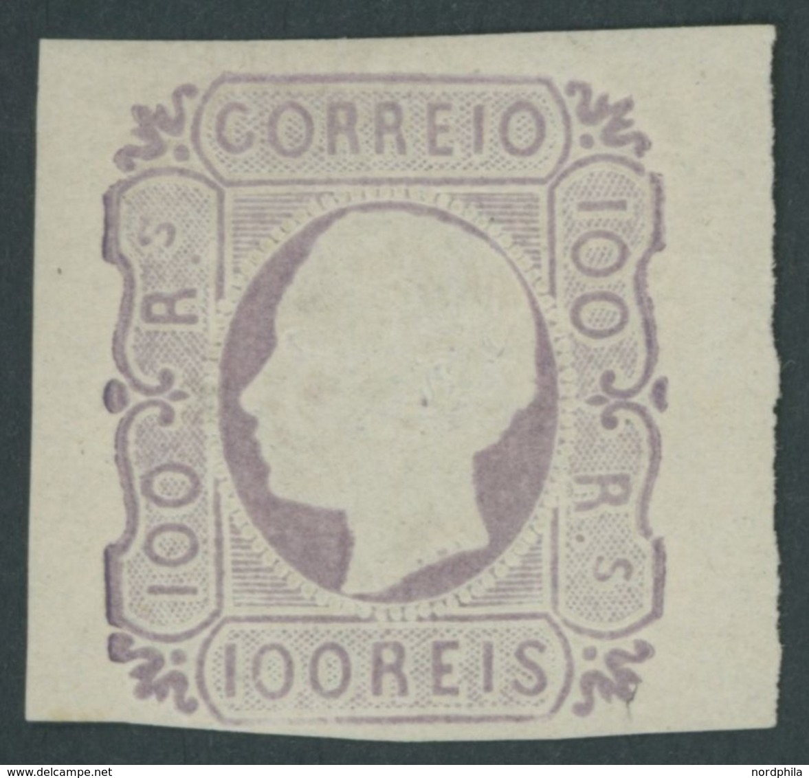 PORTUGAL 16 *, 1862, 100 R. Lila, Falzreste, Links Unten Lupenrandig Sonst Voll-breitrandig, Farbfrisches Prachtstück, F - Autres & Non Classés