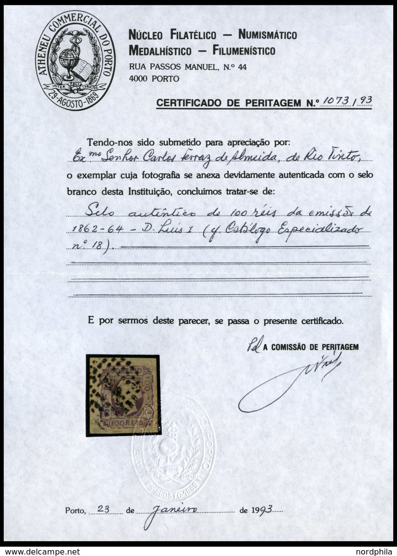 PORTUGAL 16 O, 1862, 100 R. Lila, Pracht, Fotoattest Nucleo Filatelico, Mi. 130.- - Otros & Sin Clasificación