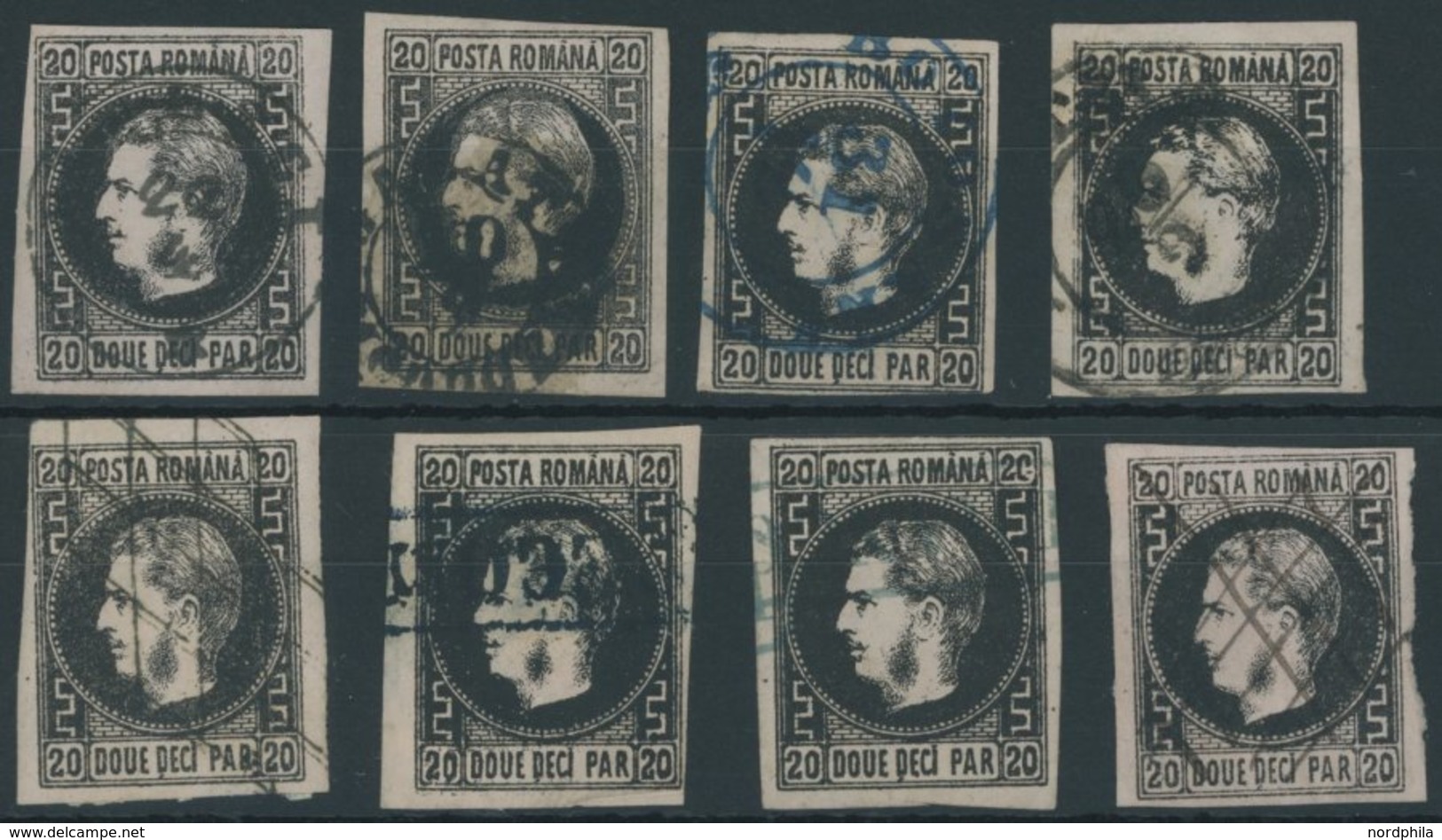 RUMÄNIEN 16y O, 1866, 20 Par. Schwarz Auf Rosa, Dünnes Papier, 8 Prachtwerte Mit Verschiedenen Entwertungen - Other & Unclassified