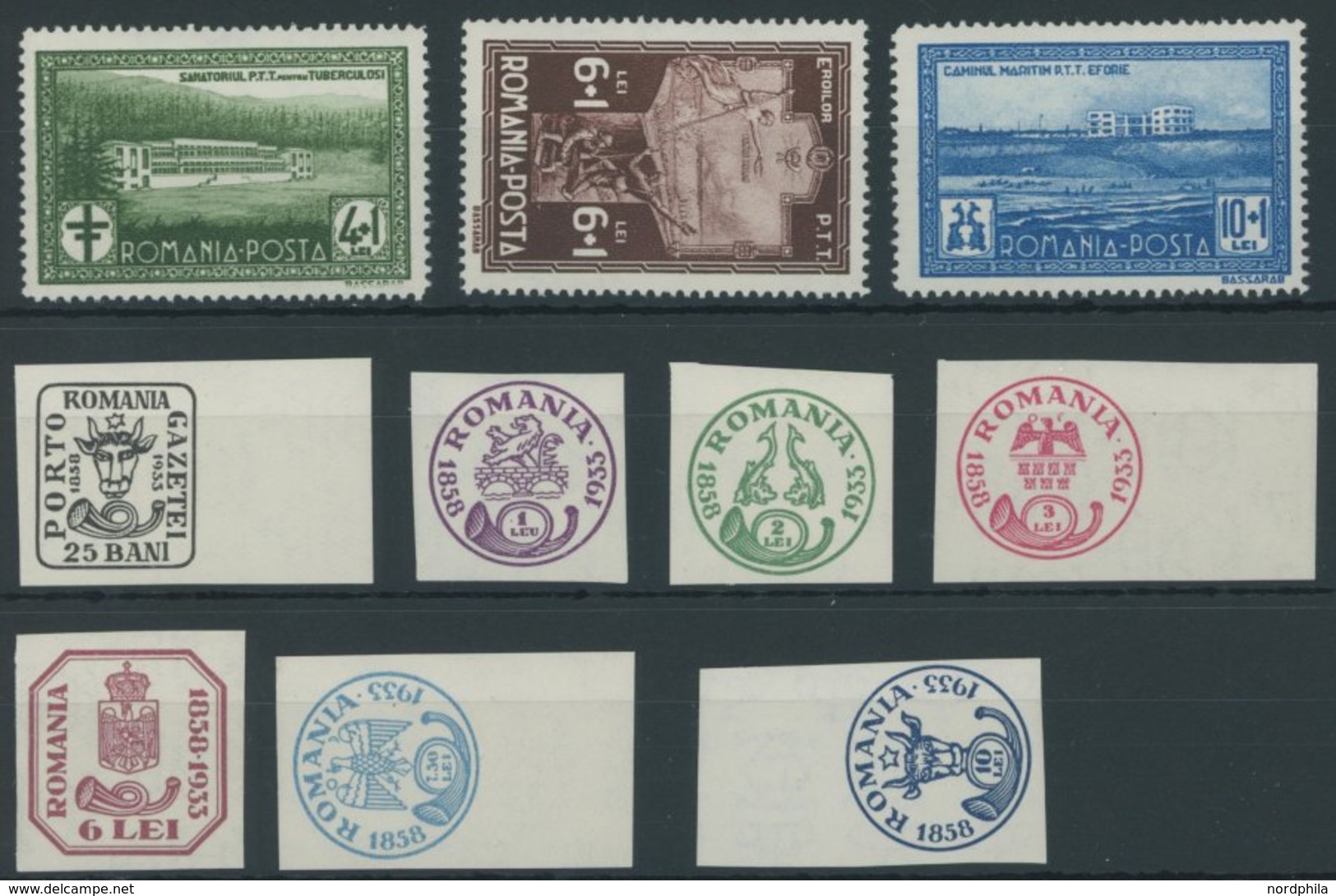 RUMÄNIEN 446-48,50-56 **, 1932, Postbeamte Und 75 Jahre Briefmarken, 2 Postfrische Prachtsätze, Mi. 80.- - Other & Unclassified