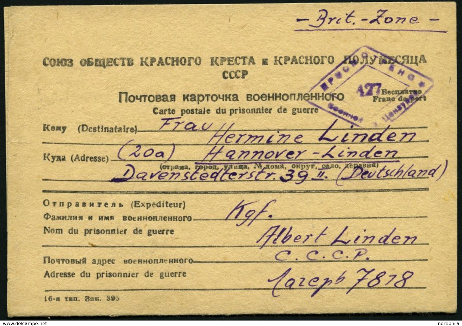 RUSSLAND 1949, Briefkarten-Vordruck Vom Sowjetischen Roten Kreuz Aus Dem Lager Nr. 7818 Nach Deutschland In Die Britisch - Autres & Non Classés