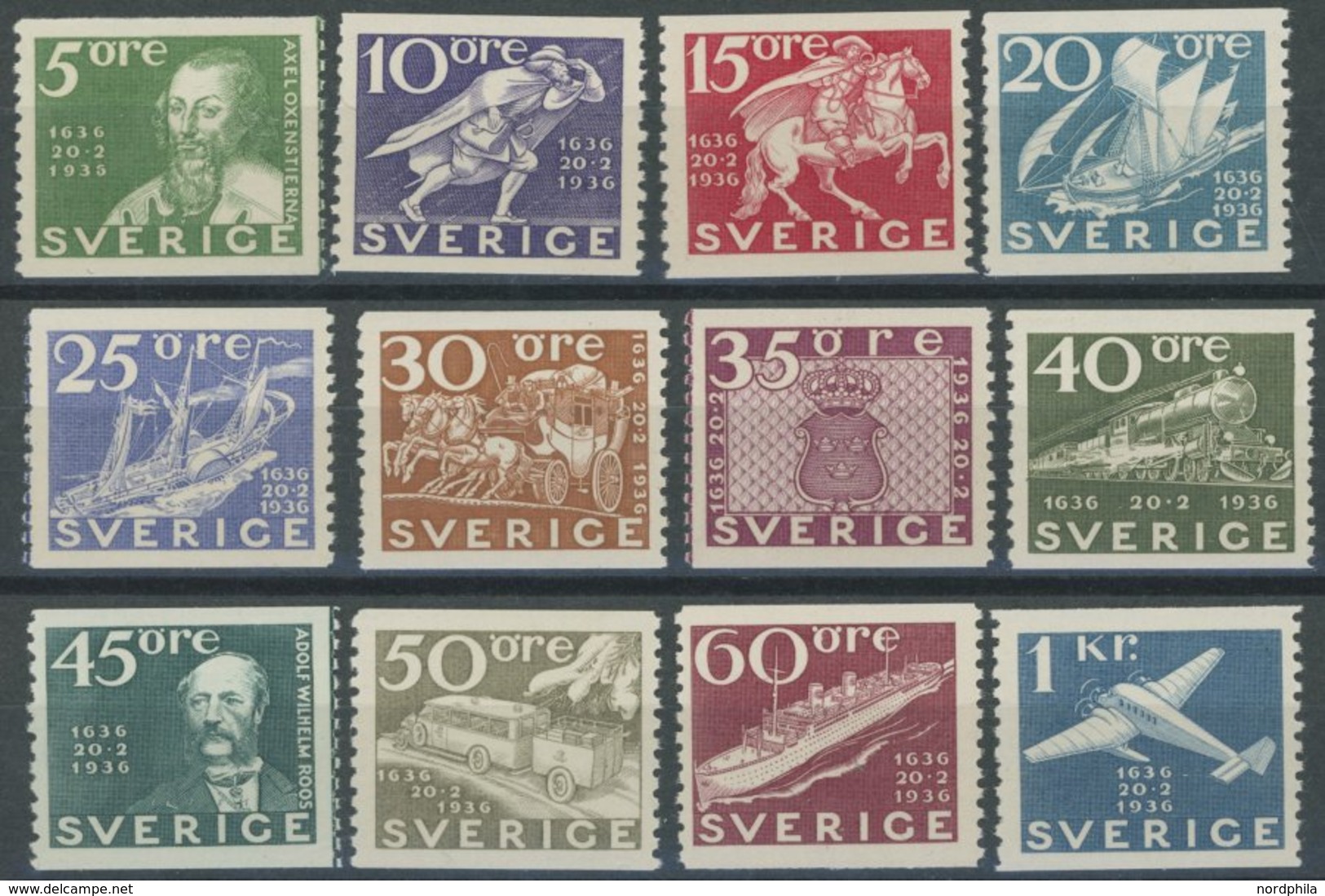 SCHWEDEN 227-38A **, 1936, 300 Jahre Post, Prachtsatz (12 Werte) - Autres & Non Classés