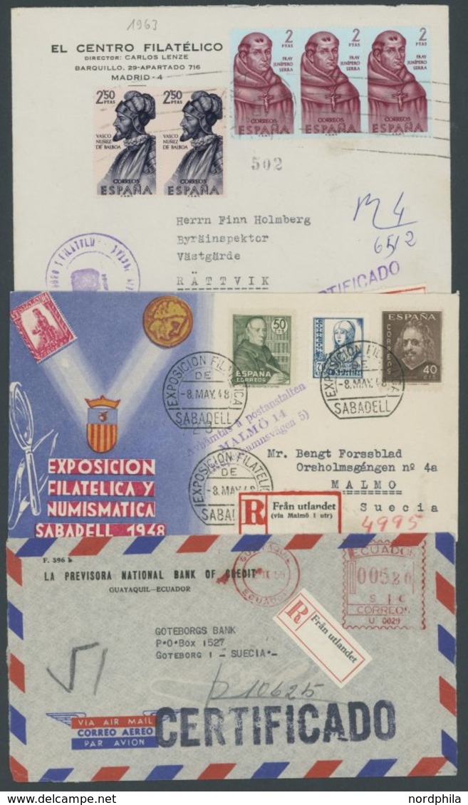 SAMMLUNGEN, LOTS 1948/63, R-Zettel FRAN UTLANDET Auf 2 Einschreibbriefen Aus Spanien Und Einem Luftpostbrief Aus Ecuador - Collezioni