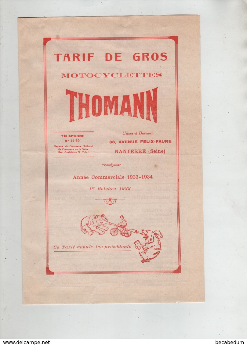 Dépliant Tarif De Gros Motocyclettes Thomann Nanterre  1933 1934 - Motorräder