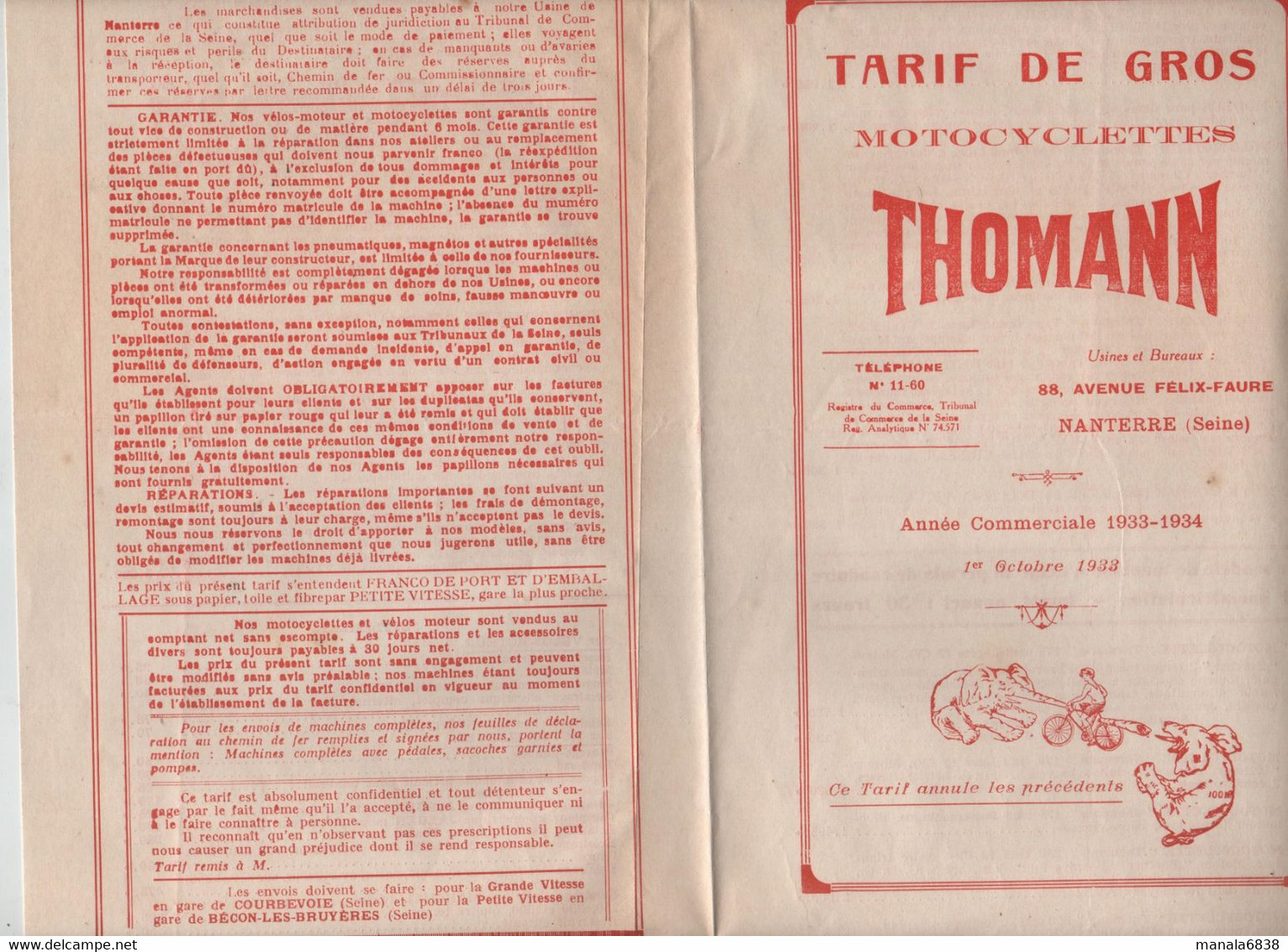 Dépliant Tarif De Gros Motocyclettes Thomann Nanterre  1933 1934 - Motor Bikes