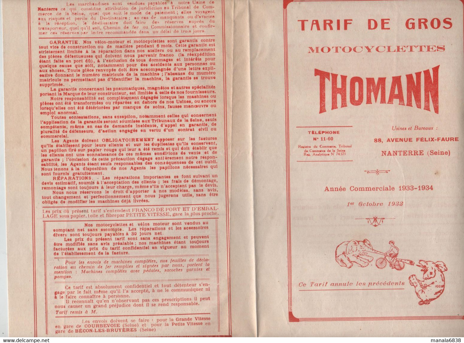 Dépliant Tarif De Gros Motocyclettes Thomann Nanterre  1933 1934 - Motorfietsen