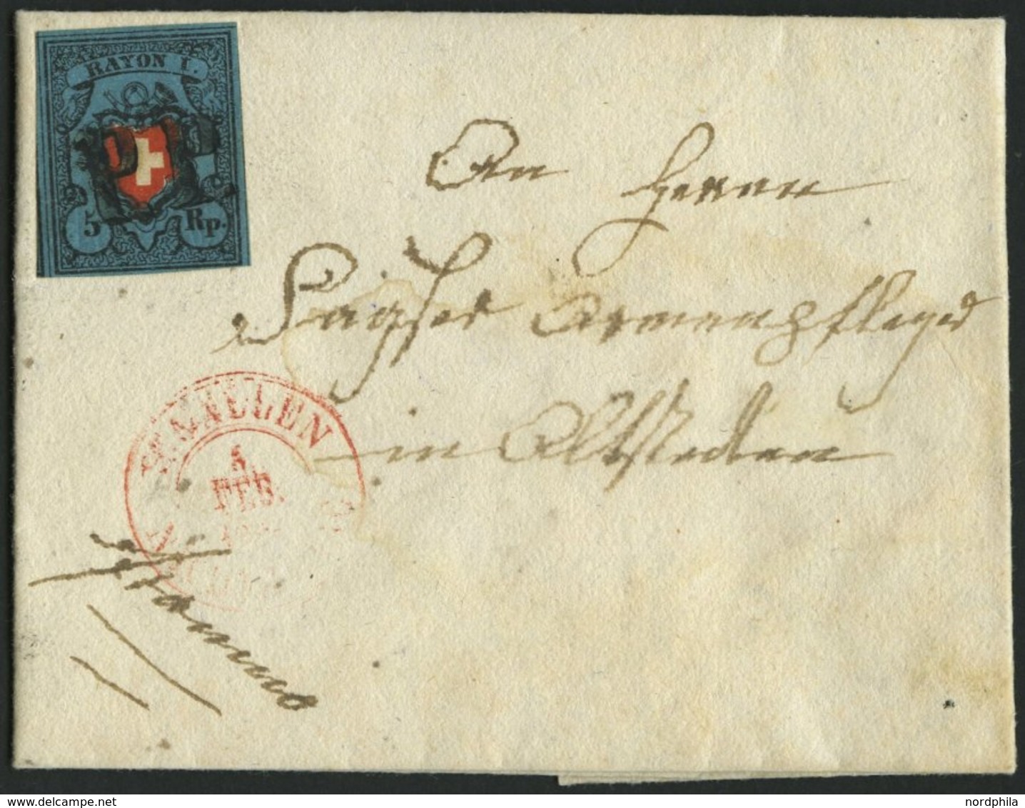 SCHWEIZ BUNDESPOST 7II BRIEF, 1851, 5 Rp. Schwarz/zinnoberrot Auf Blau, Ohne Kreuzeinfassung, Type 28, Kleiner Prachtbri - 1843-1852 Federal & Cantonal Stamps