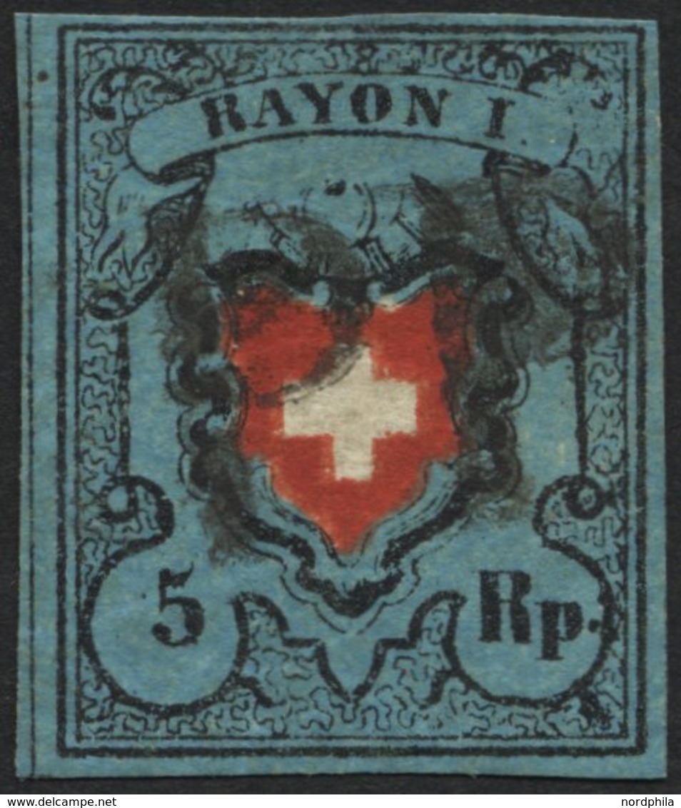 SCHWEIZ BUNDESPOST 7IIDDII O, 1850, 5 Rp. Schwarz/zinnoberrot Auf Blau, Ohne Kreuzeinfassung, Doppelter Rotdruck Des Wap - 1843-1852 Federal & Cantonal Stamps