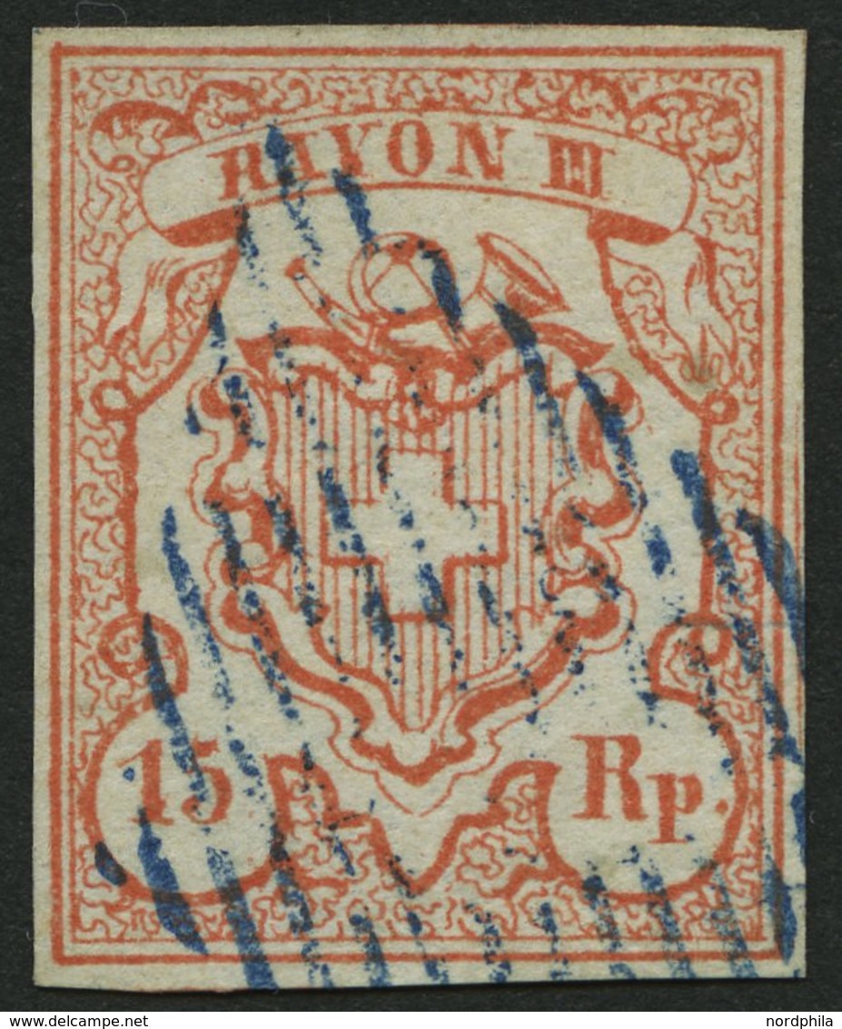 SCHWEIZ BUNDESPOST 10 O, 1852, 15 Rp. Kleine Ziffer, Type 4, Blaue Raute, Leichte Waagerechte Bugspur Sonst Pracht, Mi.  - 1843-1852 Federal & Cantonal Stamps