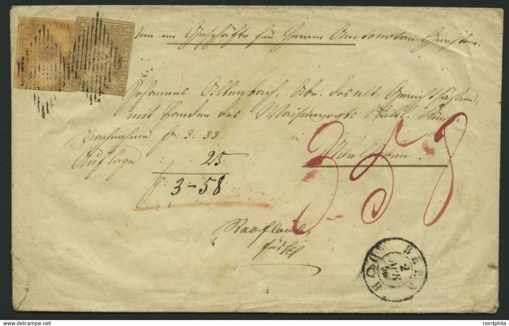 SCHWEIZ BUNDESPOST 13,16IIAym BRIEF, 1856, 20 Rp. Graubraun, Vollrandig! Mit 5 Rp. Gelborange (leicht Berührt), Berner D - 1843-1852 Federal & Cantonal Stamps