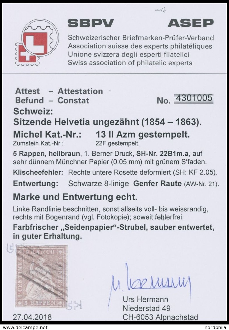 SCHWEIZ BUNDESPOST 13IIAzm O, 1854, 5 Rp. Mittelgraubraun, Seidenpapier, Berner Druck II,(Zst. 22F), Klischeefalte (SH:  - 1843-1852 Timbres Cantonaux Et  Fédéraux