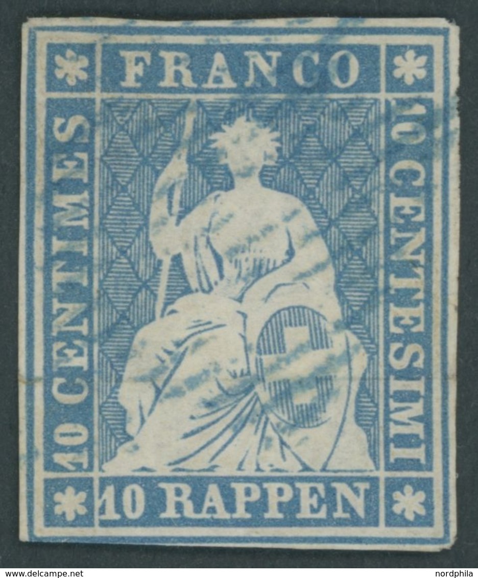 SCHWEIZ BUNDESPOST 14Ia O, 1854, 10 Rp. Preußischblau, 1. Münchner Druck, (Zst. 23Aa), Mit Klischeefehler (SH: KF 2.02), - 1843-1852 Federal & Cantonal Stamps