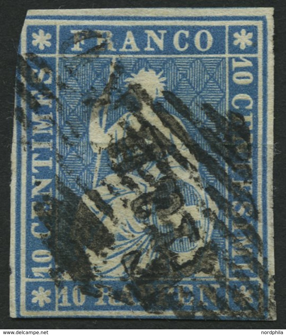 SCHWEIZ BUNDESPOST 14Ia O, 1854, Erstauflage: 10 Rp. Preußischblau, 1. Münchner Druck, (Zst. 23Aa), Mit Schwarzer Raute  - 1843-1852 Federal & Cantonal Stamps
