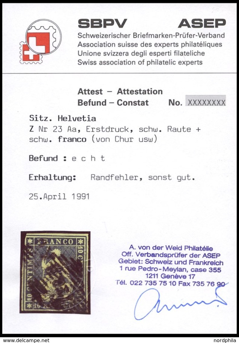 SCHWEIZ BUNDESPOST 14Ia O, 1854, Erstauflage: 10 Rp. Preußischblau, 1. Münchner Druck, (Zst. 23Aa), Mit Schwarzer Raute  - 1843-1852 Timbres Cantonaux Et  Fédéraux